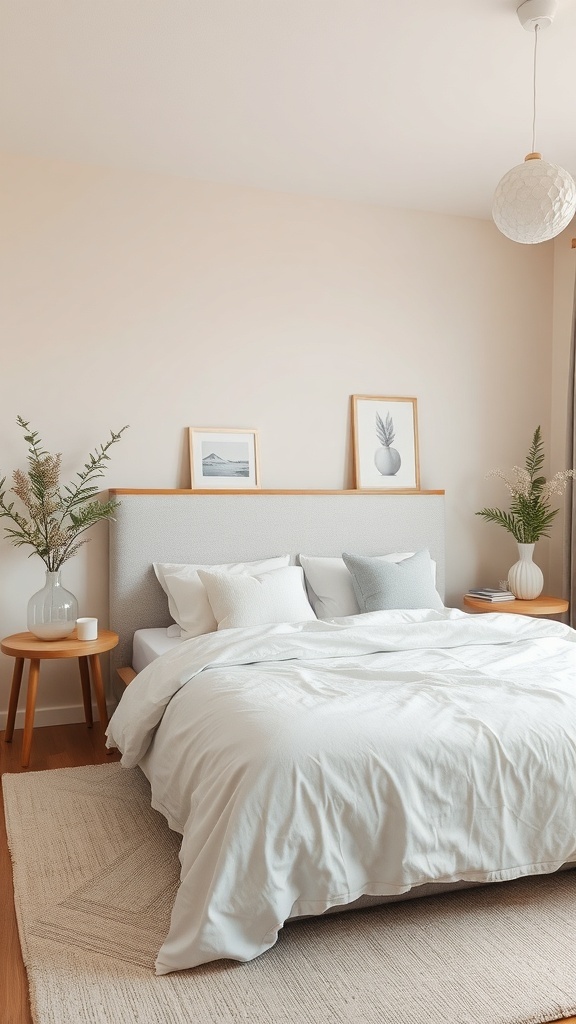 A serene bedroom with soft neutral colors, featuring a cozy bed and simple decor.