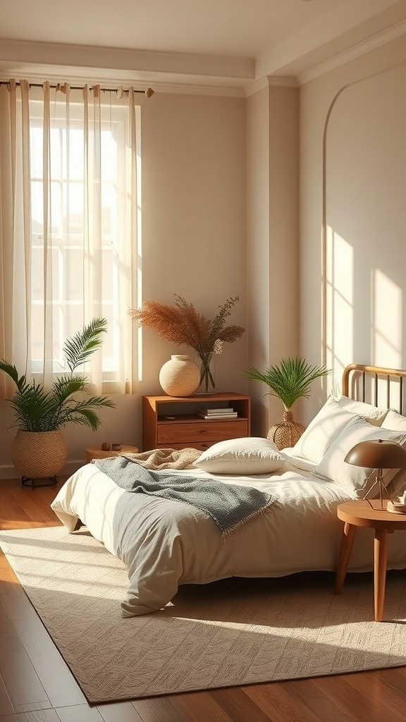 A neutral bedroom with calming earth tones, featuring soft bedding, wooden furniture, and indoor plants.