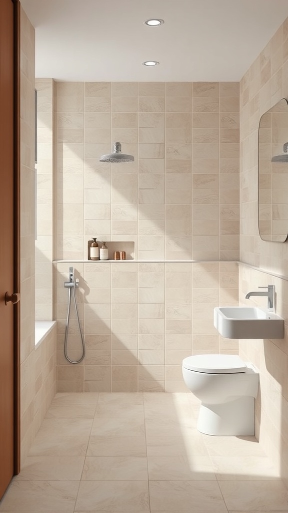 A modern bathroom featuring light beige tiles, a shower, and minimalist fixtures.