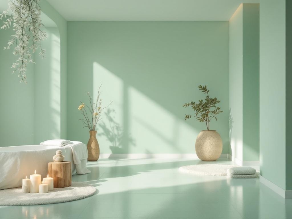 A serene room with seafoam green walls, a cozy bed, candles, and decorative plants.
