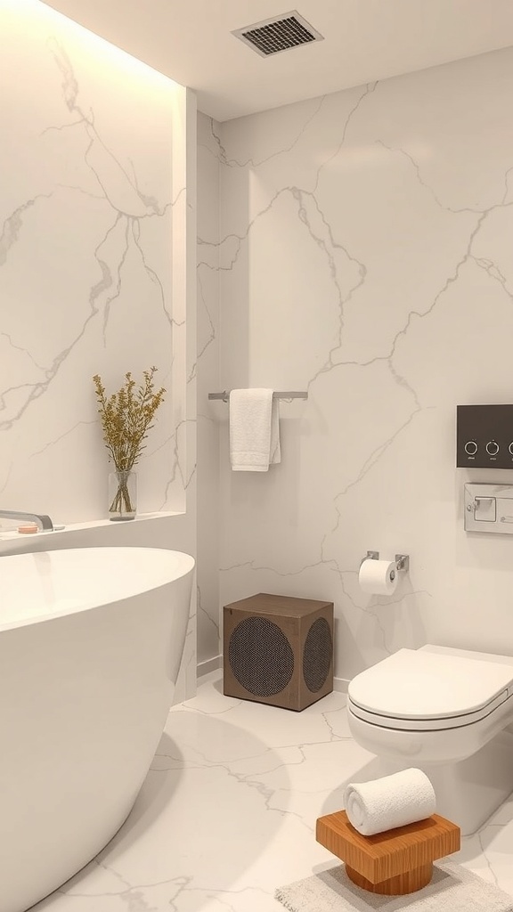 A serene spa bathroom with a modern design, featuring a freestanding tub, marble walls, and natural decor.