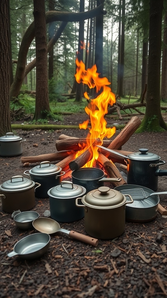 A collection of pots and pans arranged around a campfire in a forest setting.
