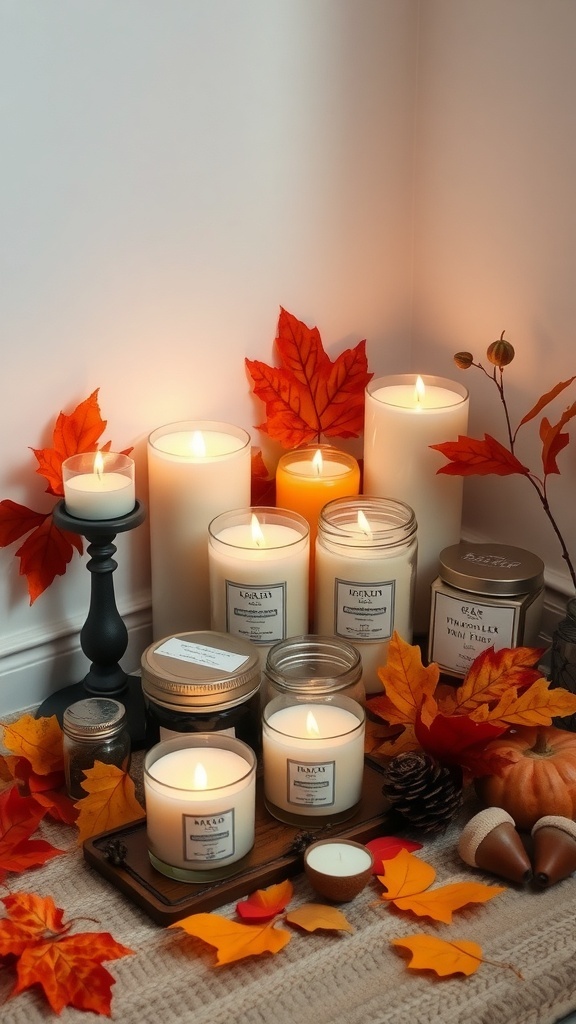 A cozy arrangement of candles surrounded by autumn leaves, pinecones, and acorns.