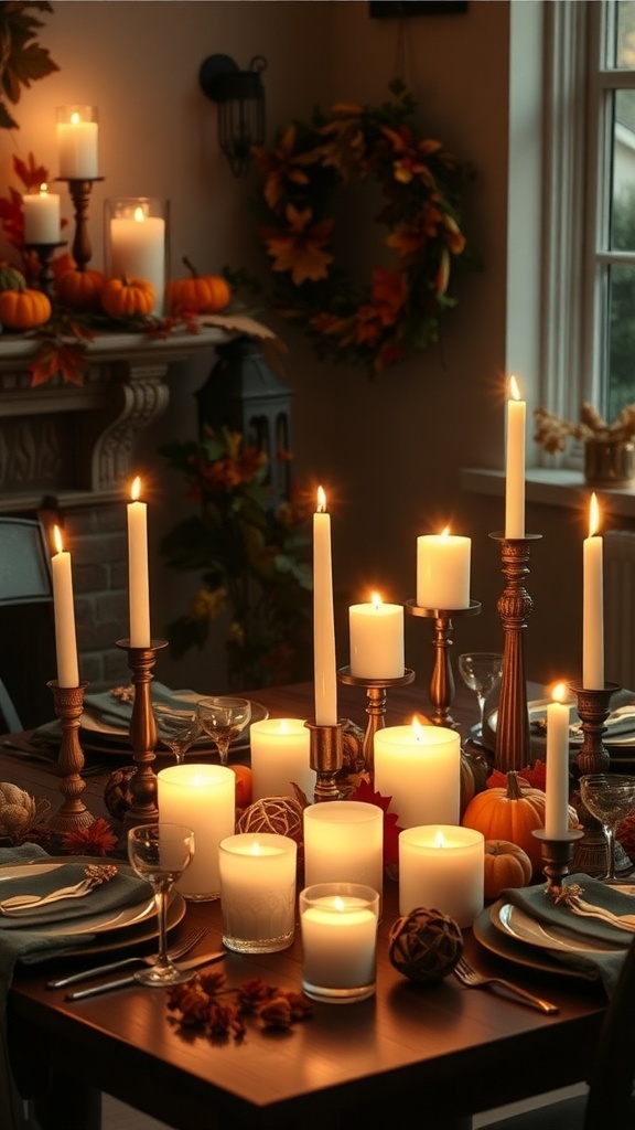 A beautifully arranged Thanksgiving table with various candles, pumpkins, and autumn leaves.