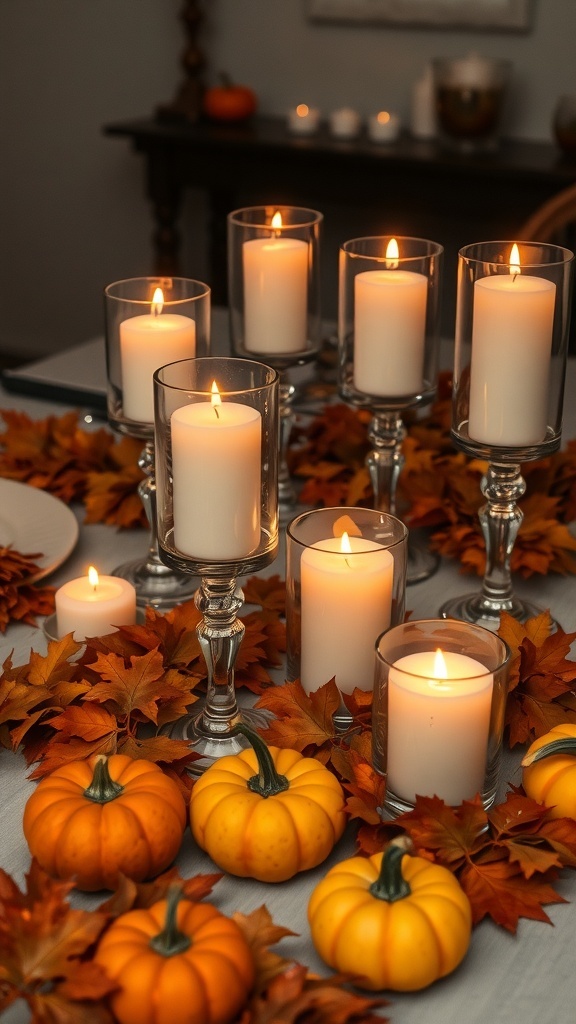 Candle arrangement with pumpkins and autumn leaves
