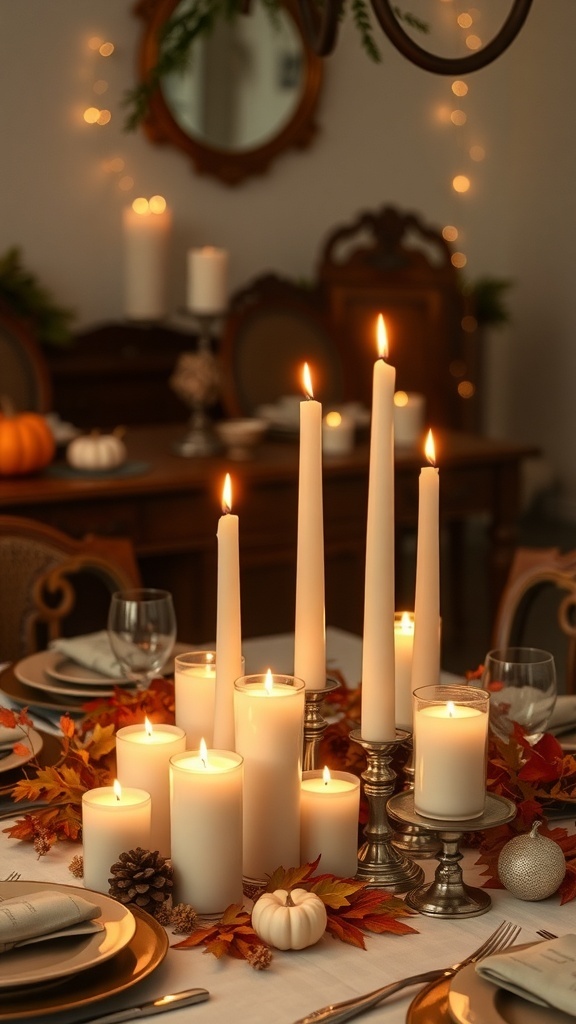 A cozy fall dining room table decorated with various candles, autumn leaves, and small pumpkins.