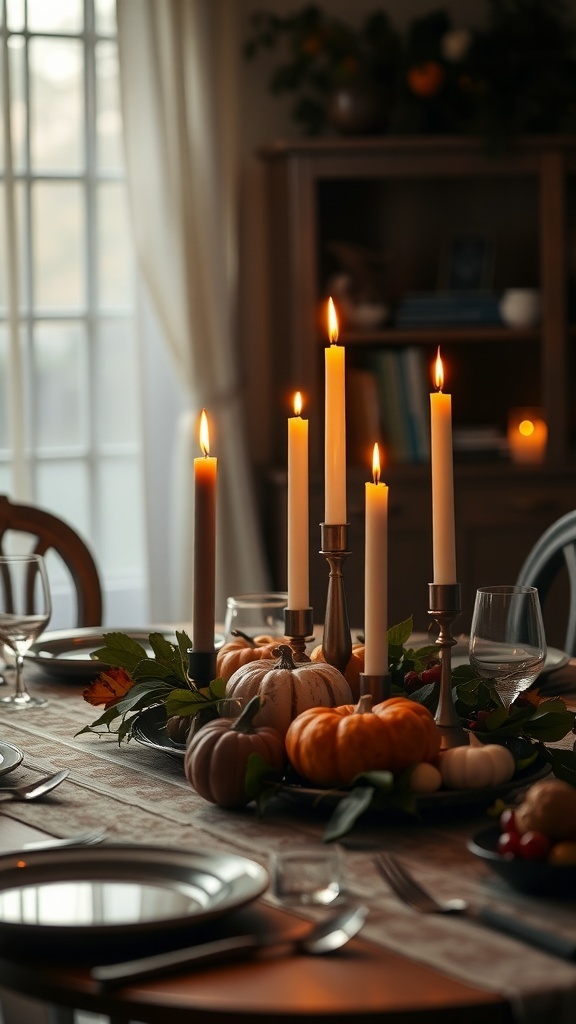 A beautifully set Thanksgiving dinner table featuring tall white candles, pumpkins, and greenery.
