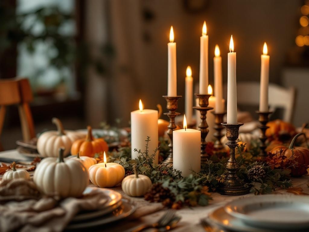 Thanksgiving table adorned with candles, pumpkins, and greenery creating a warm atmosphere.