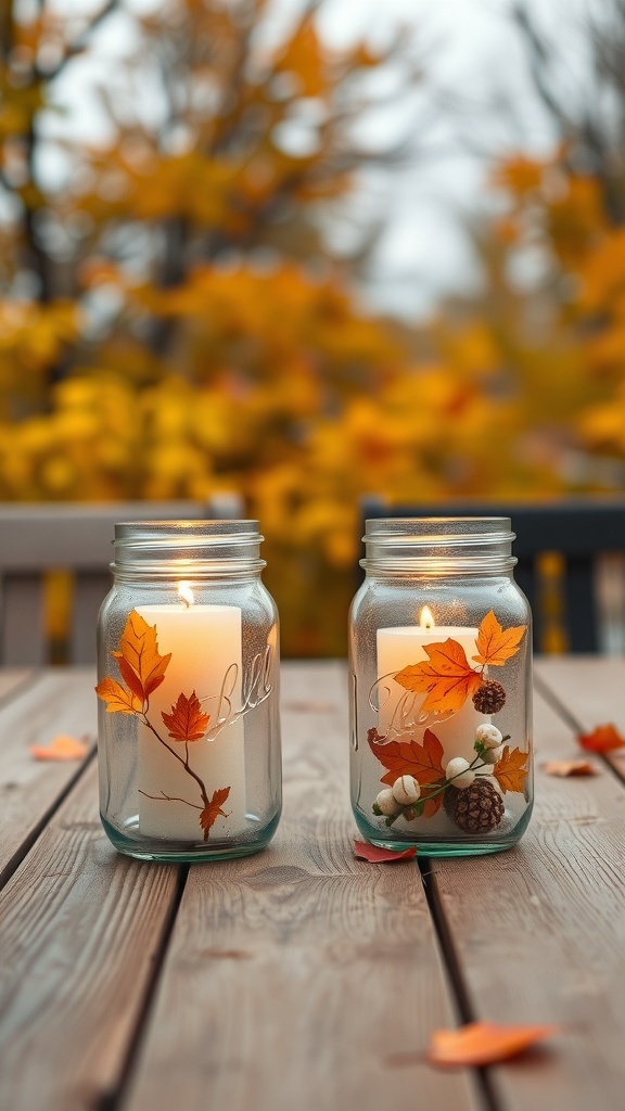 Two mason jars with candles and autumn decorations on a wooden table