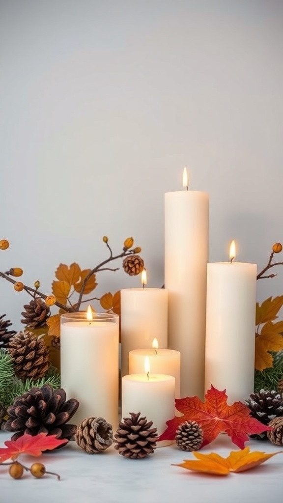 A beautiful arrangement of white candles surrounded by pinecones and autumn leaves.