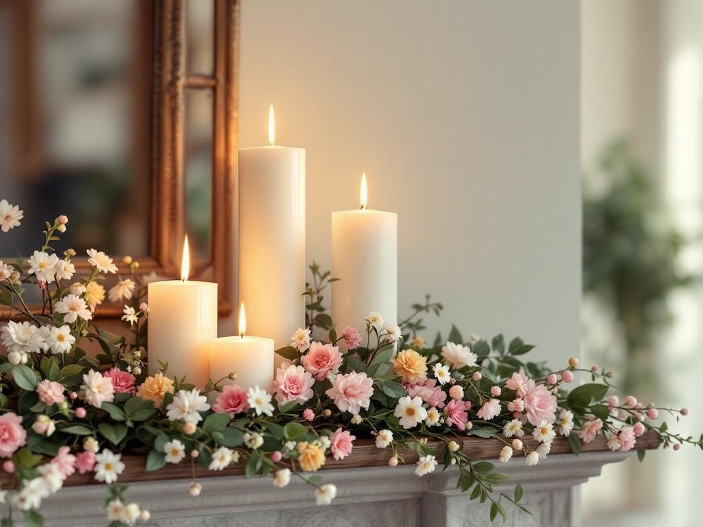 A spring mantel decorated with candle clusters and flowers.