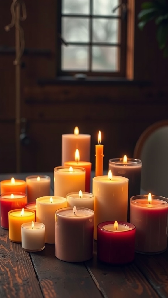 A cozy display of various candles in warm colors, flickering softly on a wooden table.