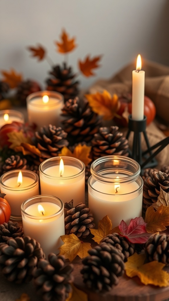 A cozy candle display with autumn scents, featuring candles, pinecones, and colorful leaves.