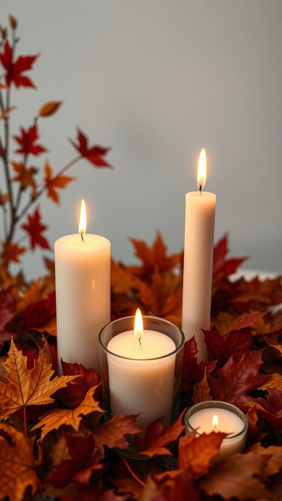 A display of white candles surrounded by colorful autumn leaves, creating a cozy fall atmosphere.