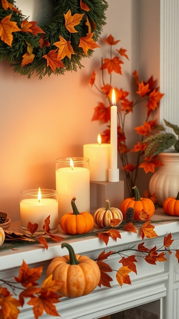 A cozy Thanksgiving candle display featuring candles, pumpkins, and autumn leaves.