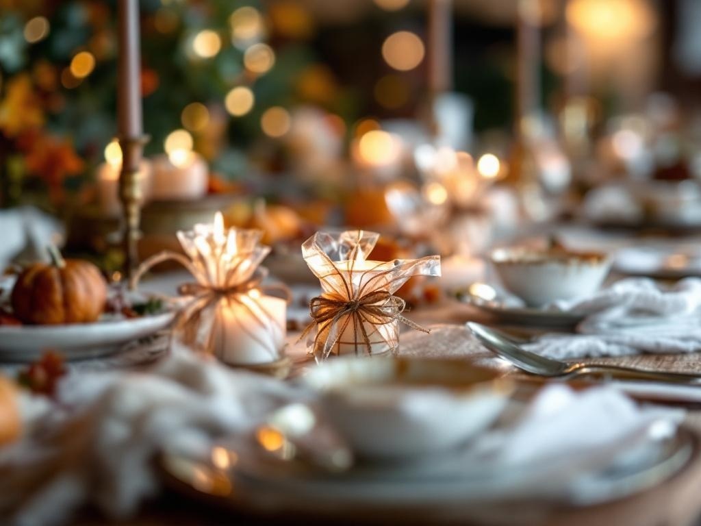 A beautifully set Thanksgiving table with small wrapped candles as favors, surrounded by pumpkins and warm lighting.