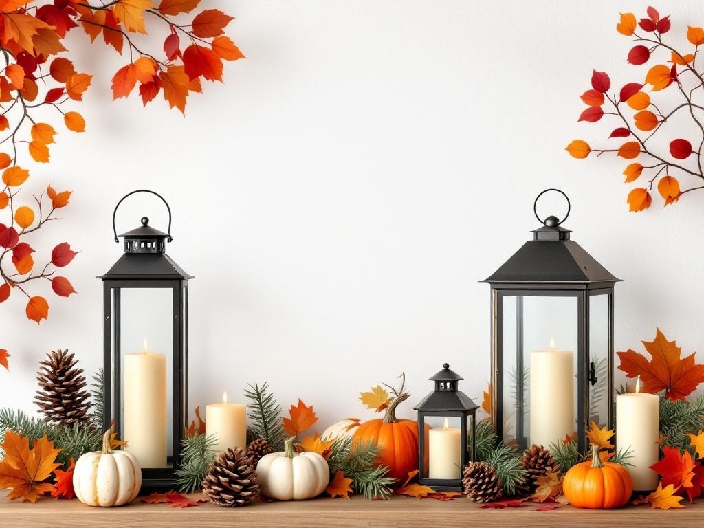 A Thanksgiving candle lantern arrangement with black lanterns, candles, pumpkins, pinecones, and autumn leaves.