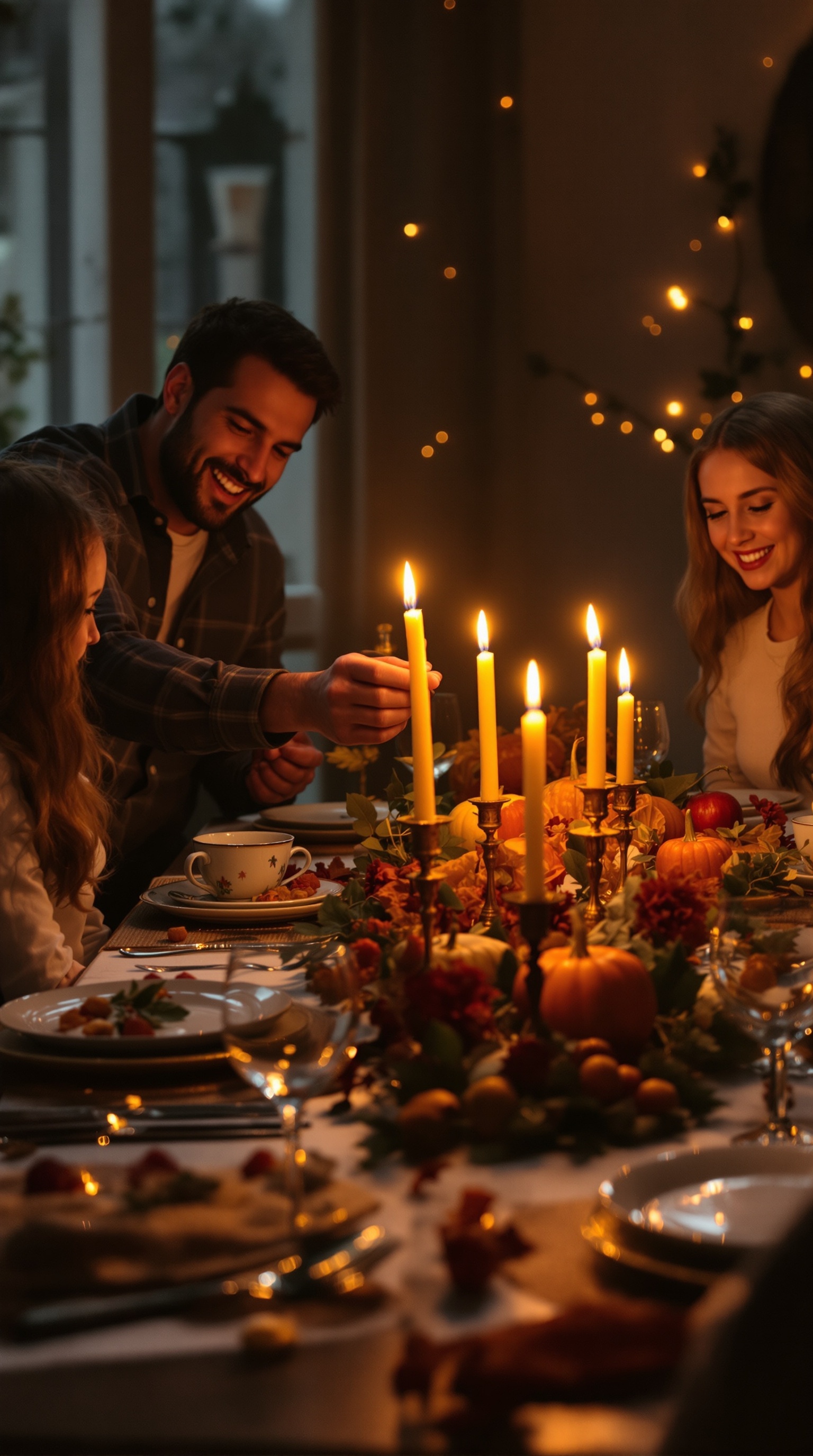 A family gathered around a Thanksgiving dinner table with candles and autumn decorations.