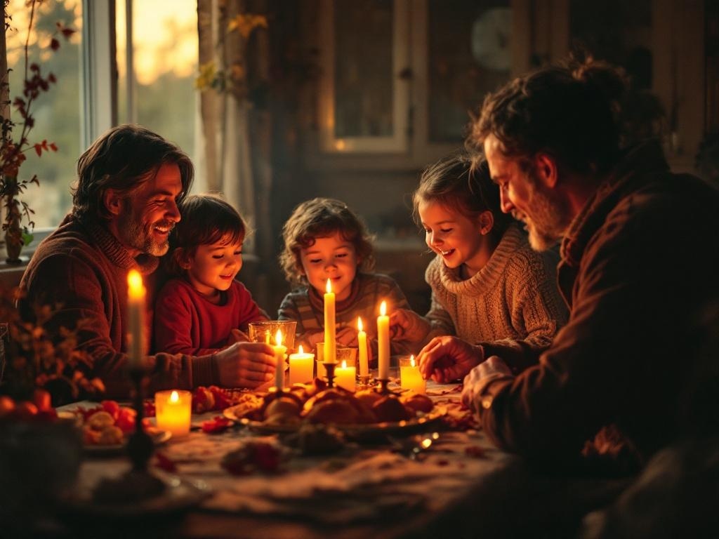 A family gathered around a table with candles, enjoying a Thanksgiving meal together.