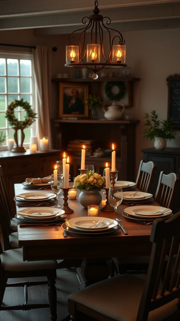 A cozy dining setting with candles and a chandelier in a modern farmhouse style.