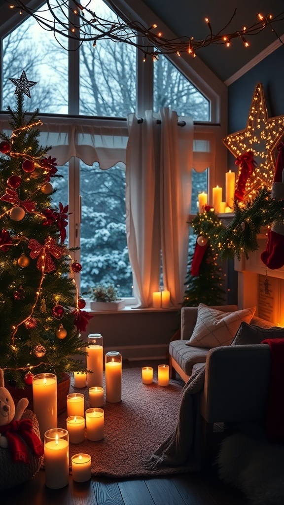 A cozy living room decorated for Christmas with candles and soft lighting.