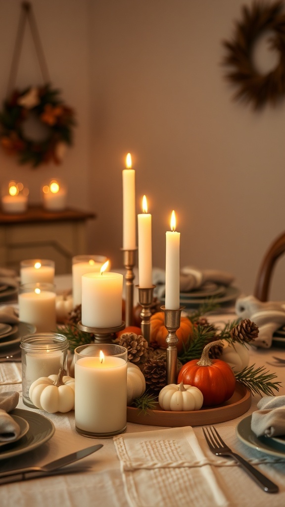 A beautifully arranged Thanksgiving table with candles, pumpkins, and pinecones creating a warm and inviting atmosphere.