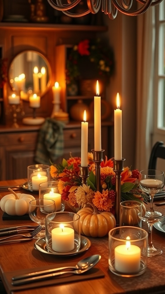 A cozy fall dining table decorated with candles and autumn elements.