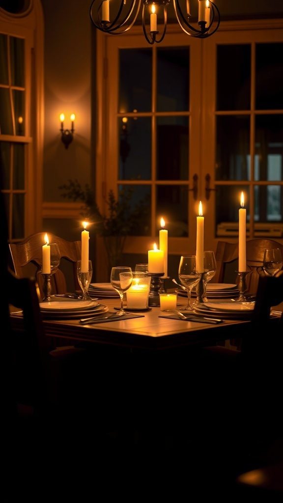 A beautifully set dining table with candles creating a warm atmosphere.