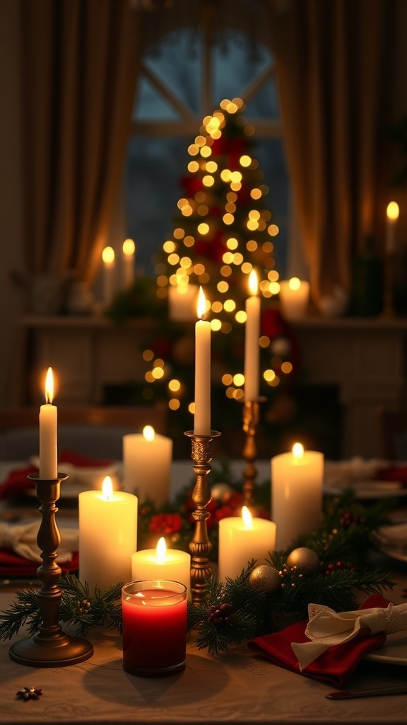 A beautifully set Christmas table with various candles and a decorated tree in the background.