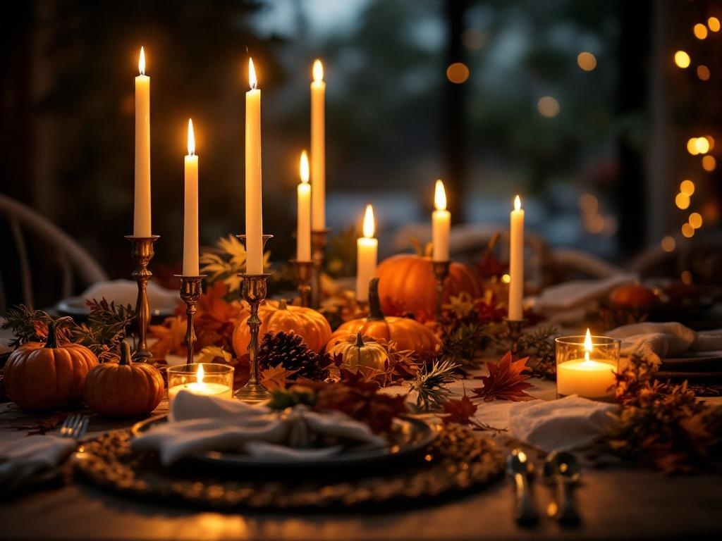 A beautifully set Thanksgiving table with candles, pumpkins, and autumn leaves.