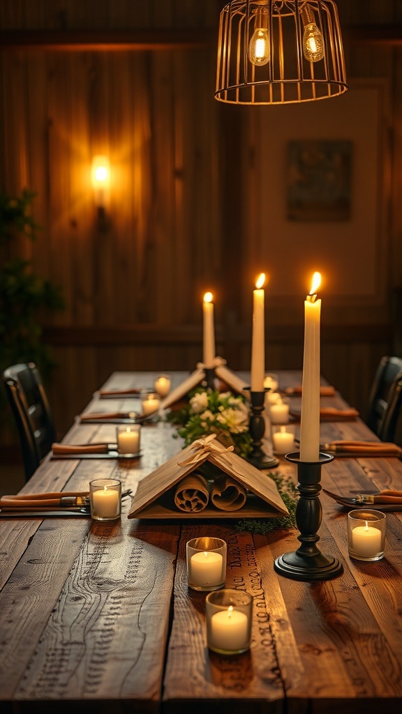 A rustic table beautifully set with candles and warm lighting.