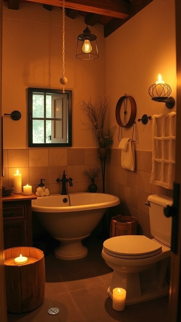 A rustic bathroom with candles providing soft lighting.