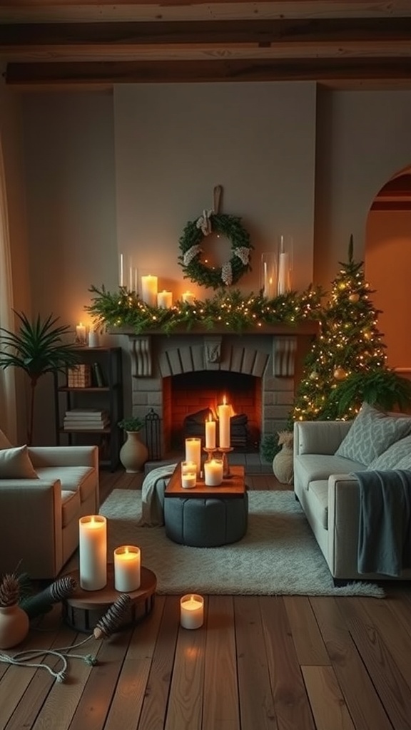 Cozy living room decorated for Christmas with candles and pine scents.