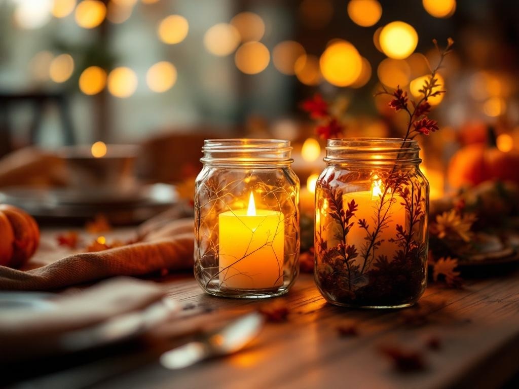 Two recycled jars with candles, one with a white candle and the other with foliage, creating a cozy atmosphere.