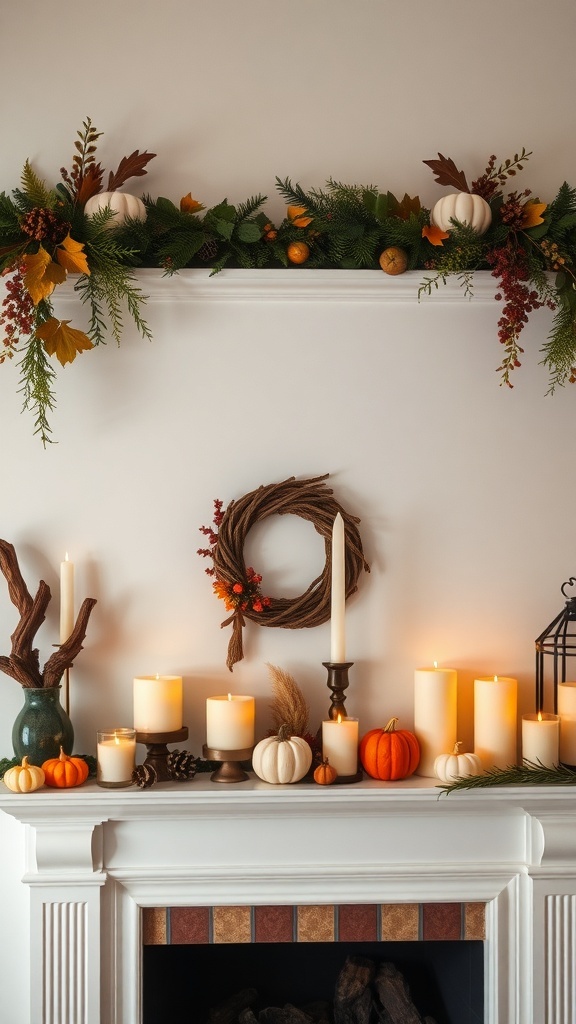 A cozy fireplace mantle decorated for fall with candles, pumpkins, and autumn leaves.