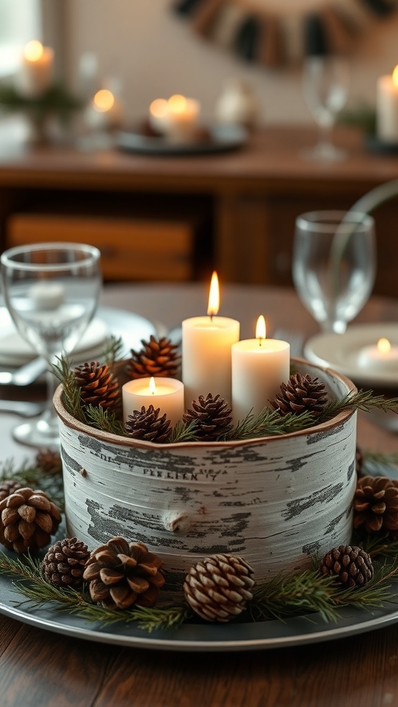 A candlelit arrangement featuring birch bark, candles, pinecones, and greenery.