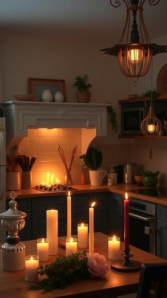 A cozy kitchen illuminated by candles, featuring a wooden table with various candles and a warm, inviting atmosphere.