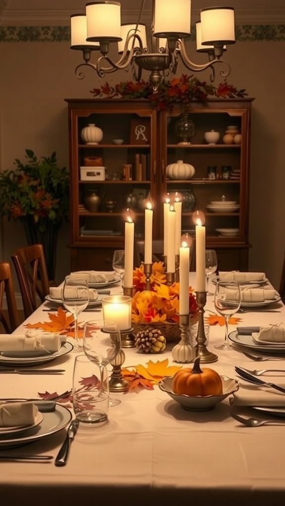 A beautifully set Thanksgiving dinner table with candles, autumn leaves, and pumpkins.