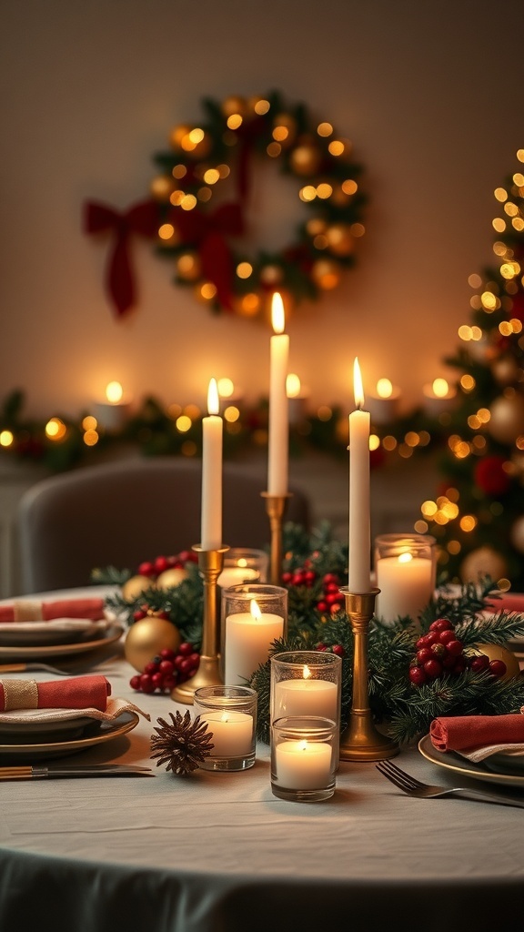 A beautifully decorated Christmas table with candles, greenery, and festive ornaments.