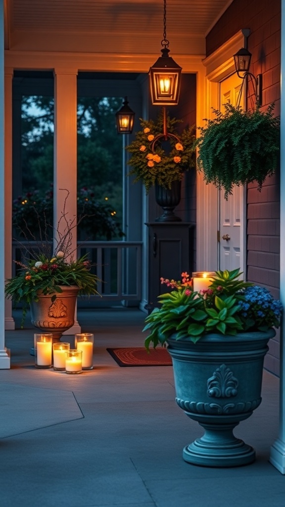 A cozy porch decorated with lanterns, candles, and planters, creating a warm evening atmosphere.