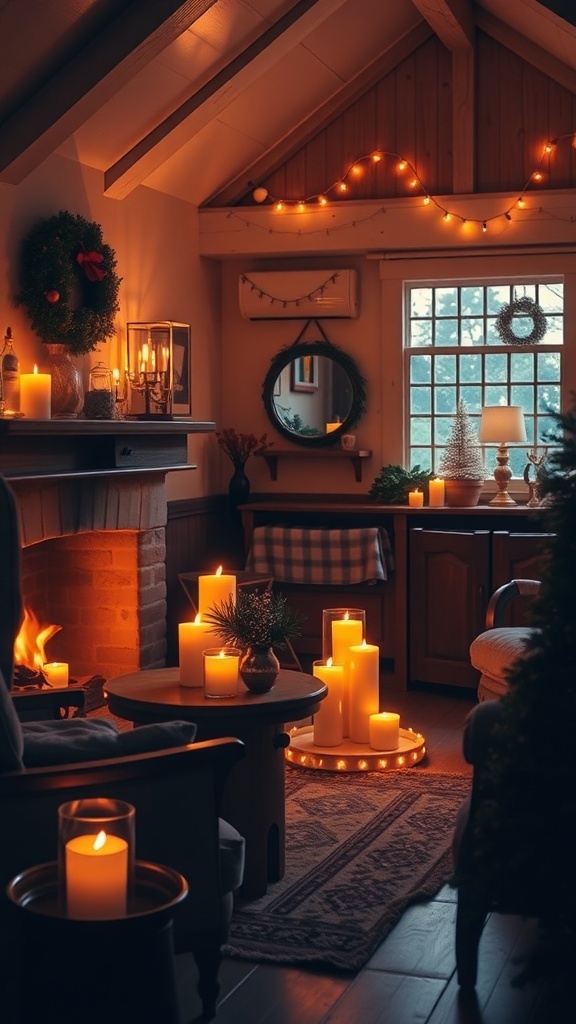 A cozy cottage interior decorated with candles and warm lights for Christmas.