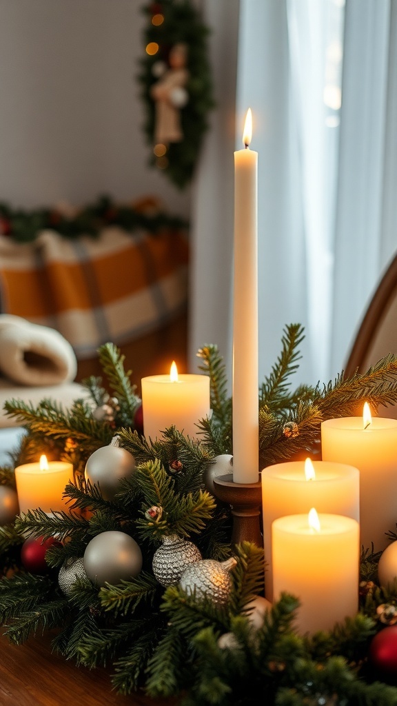Candlelit evergreen centerpiece with candles and ornaments