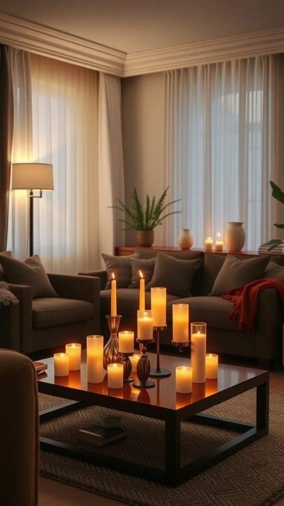 A cozy living room with candles on a coffee table, creating a warm atmosphere.