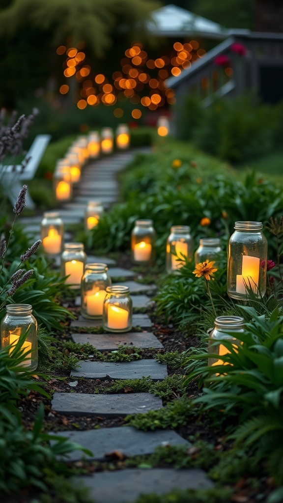 A pathway lined with candlelit jars surrounded by greenery and soft lights in the background.