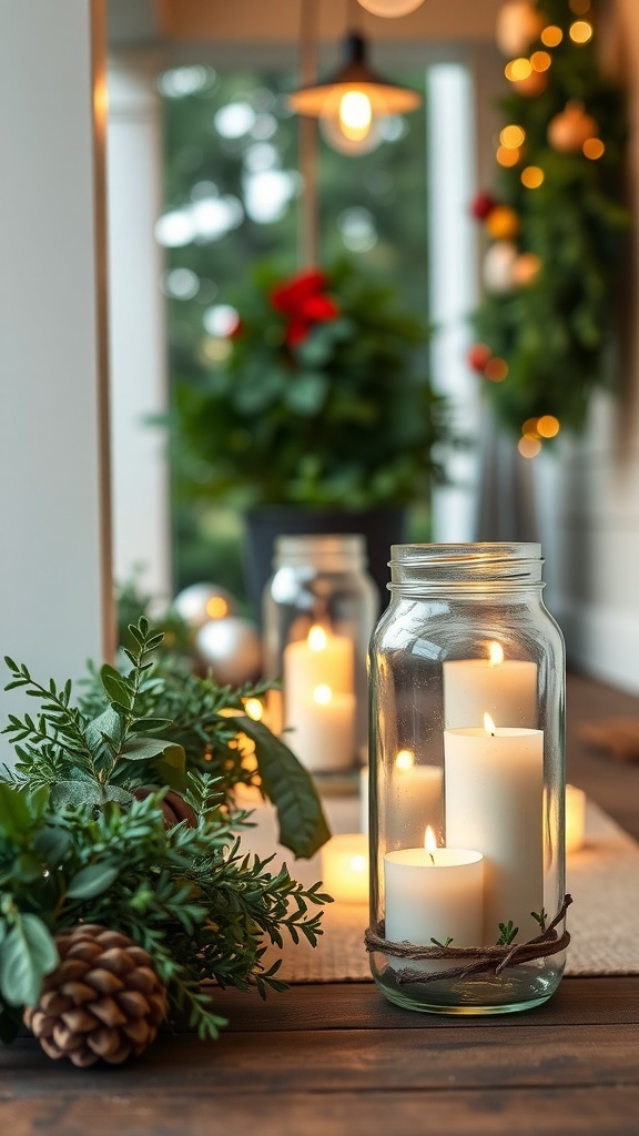 Glass jars with candles on a wooden table surrounded by greenery and a pinecone
