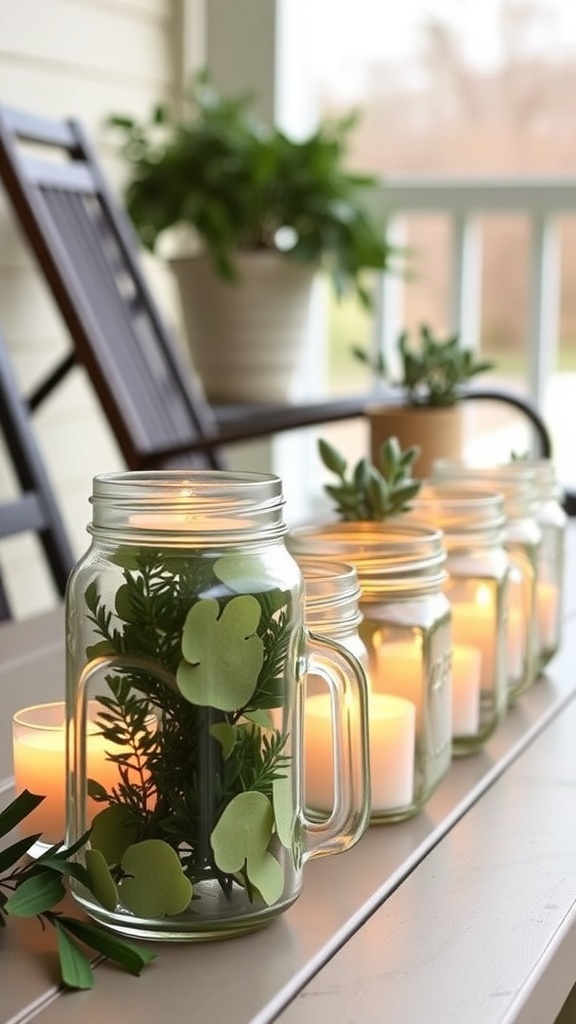 Candlelit jars with greenery on a porch table