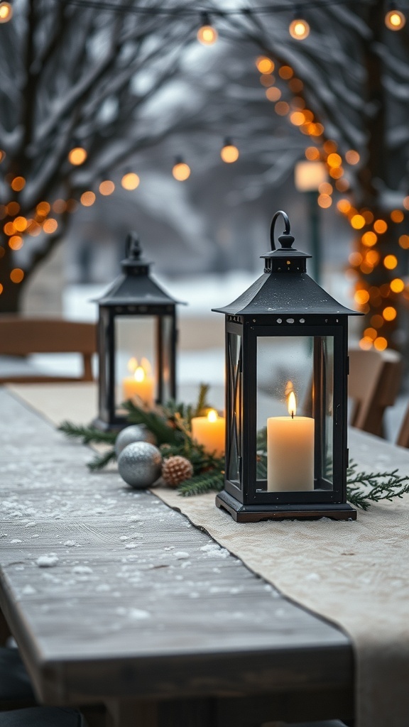 Candlelit lanterns on a winter table with snow and decorations.