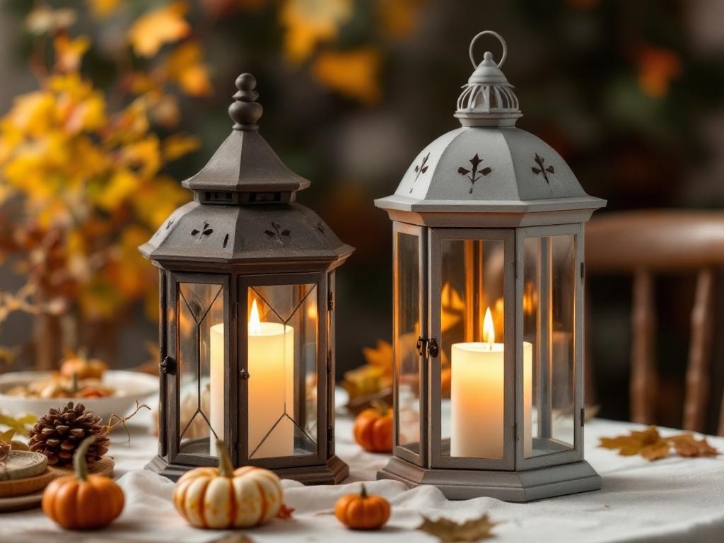 Two candlelit lanterns, one black and one white, surrounded by pumpkins and pinecones, creating a warm atmosphere for Thanksgiving.