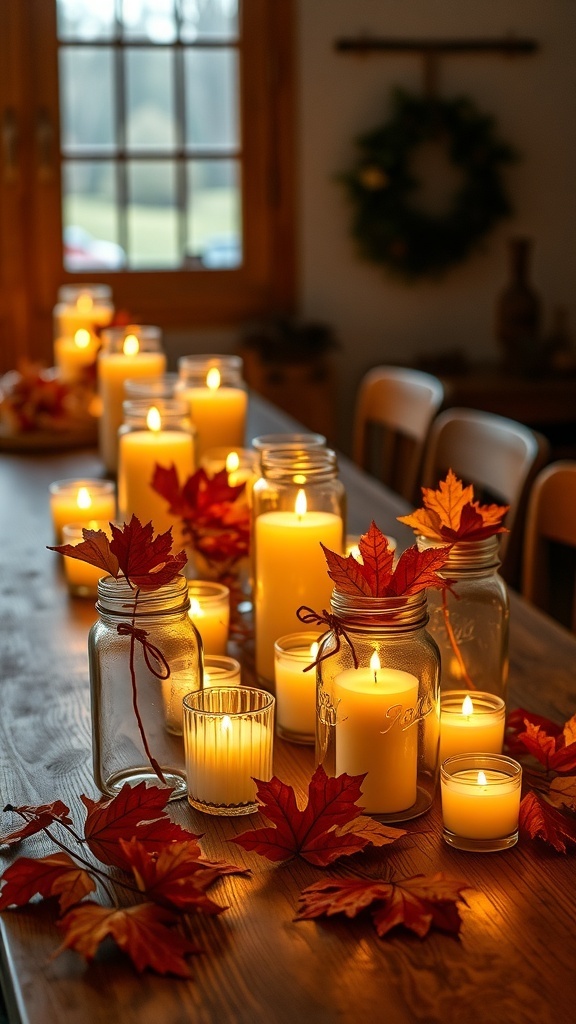 Candlelit mason jar arrangements with autumn leaves on a wooden table