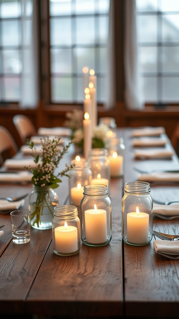 A rustic table setting with candlelit mason jars and flowers.
